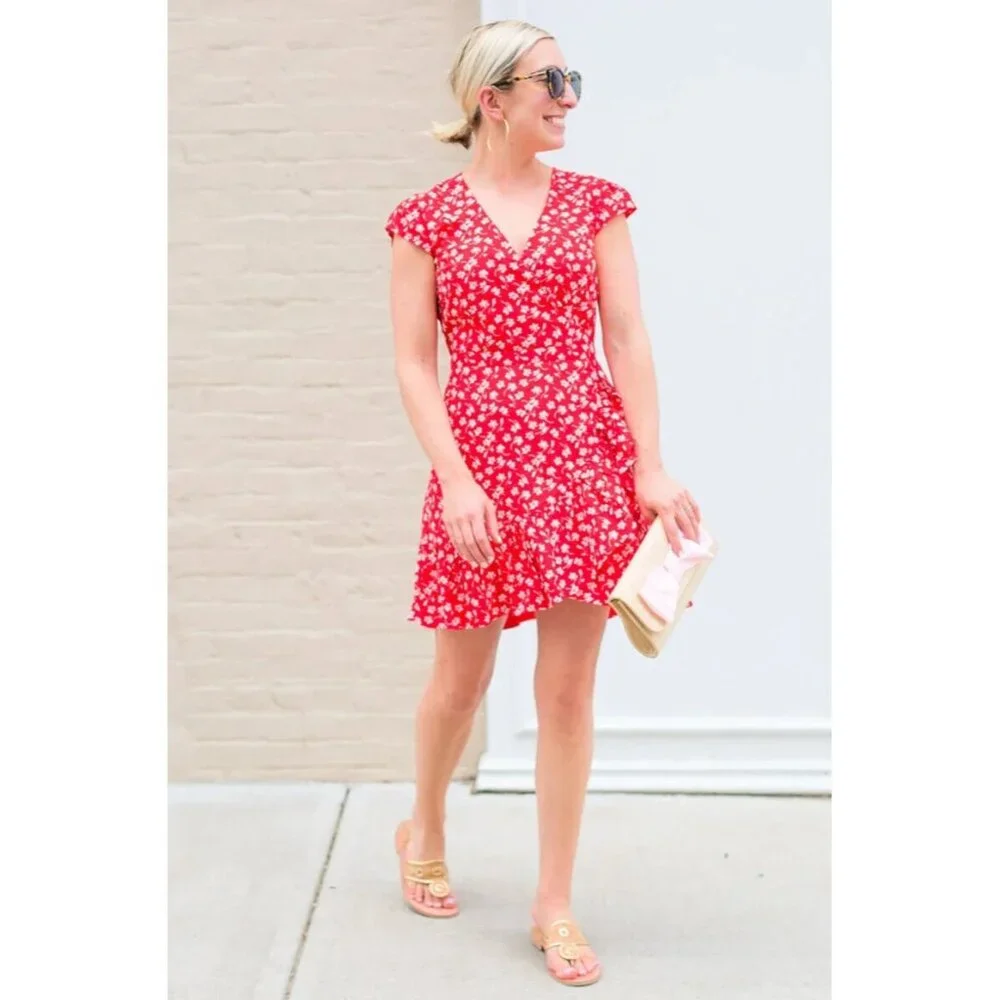 J.Crew Wrap Dress Red Floral Printed V Neck Short Sleeve